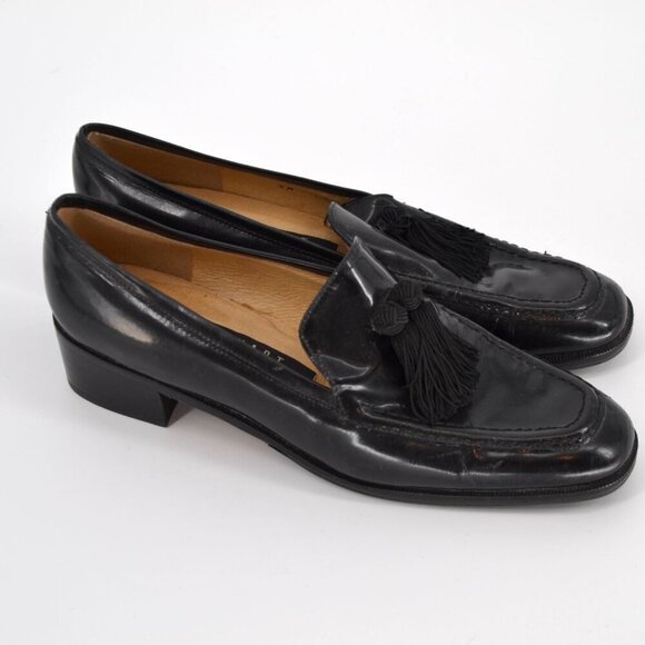 Stuart Weitzman Patent Leather Tassel Loafers Low Heel Slip On Black Women's 7.5 - Picture 2 of 8